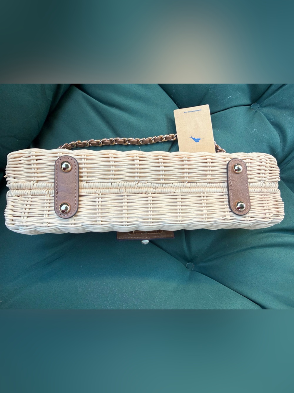 Tommy Bahama Natural/Brown Woven Wicker Clutch with Brown Leather Trim NWT - Picture 4 of 9